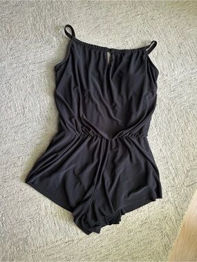 Aqua Green UPD 50 High Neck Swim Romper One-Piece Swimsuit in Black, Medium